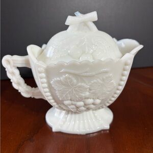 Milk Glass Covered Sugar Dish with Grape & Leaf Relief